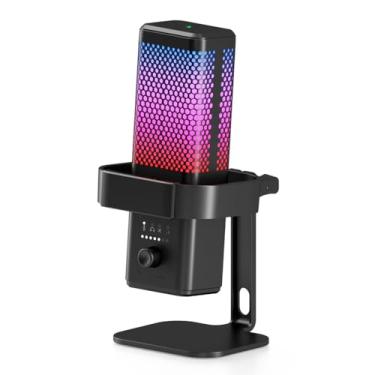 Imagem de Microfone para jogos USB com iluminação RGB Redução de ruído Modo cardióide Botão de ganho de mudo rápido Função LB para jogos Transmissão ao vivo Gravação de vídeo Preto Branco (Preta)