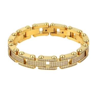 Imagem de Qing Birdee Pulseira masculina de luxo de aço inoxidável, design de corrente de zircão pavé, 13 mm de largura, 21 cm, disponível em prata, ouro, preto, One Size, Aço inoxidável, Sem Pedra Preciosa