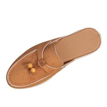 Imagem de Sapatilhas femininas enfeitadas com design de inspiração étnica, meia pantufa confortável para uso casual, Marrom, 35
