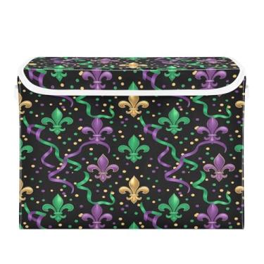 Imagem de Wassud Cestos de armazenamento dobráveis com tampas Mardi Gras Flor de Lis cestas organizadoras de tecido dobrável para armário, casa e decoração sazonal 41,5 x 32,5 x 29,5 cm