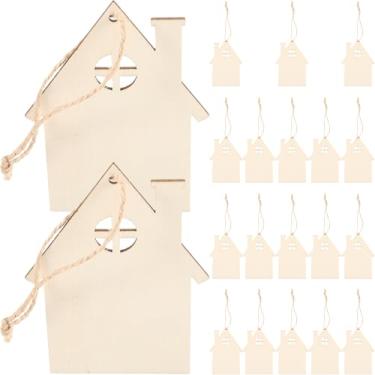 Imagem de SEWACC 20 peças de recortes de madeira em forma de casa inacabada, enfeites de madeira rústica para casa de fazenda com cordão para enfeites de pendurar em árvore de Natal, artesanato faça você mesmo