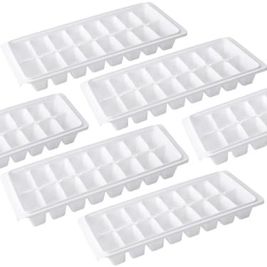 Imagem de IJRPLM Pacote com 6 bandejas brancas para cubos de gelo, bandejas de gelo de plástico para freezer, bandeja de 16 cubos com capa removível, fácil de soltar, empilhável