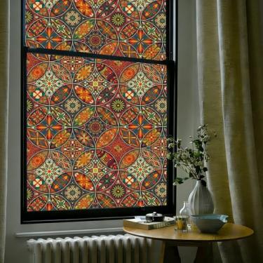 Imagem de OHTMERU Película decorativa de privacidade para janela de vitral, adesivo de vidro fosco com aderência estática, opaco, controle de calor, bloqueio UV, filme Boho para janela para porta da frente