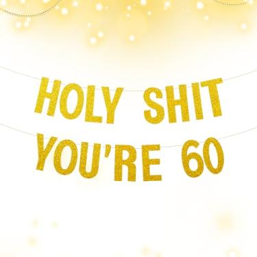 Imagem de Decorações engraçadas de aniversário de 60 anos para homens e mulheres, faixa grande pré-amarrada rude Holy Shit You're Old Banner, suprimentos de festa de aniversário de marco com glitter, cartolina