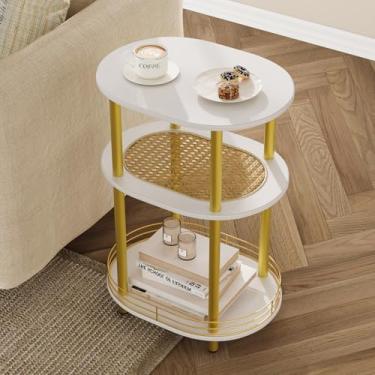 Imagem de BITYODD Mesa lateral redonda, mesa de canto oval com armazenamento, mesa de cabeceira de 3 andares, mesa lateral estreita para sala de estar, mesa de cabeceira para quarto - branca