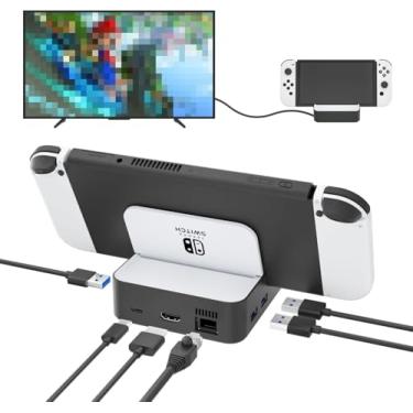 Imagem de Base de TV Switch atualizada para Nintendo Switch/Switch OLED, estação de ancoragem MVIIOE Switch com Ethernet LAN, suporte para YouTube, porta HDMI 2.0 4K @60HZ 1080p, 3 portas USB e carregamento rápido PD