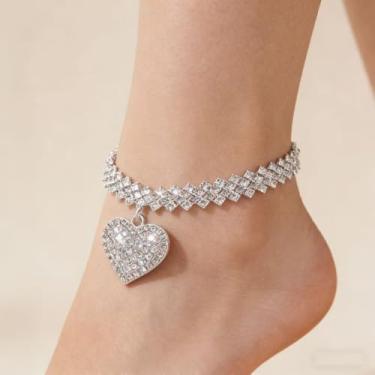 Imagem de Tornozeleira de coração prata para mulheres – Pulseira de tornozelo com strass com pingente brilhante para praia, festa e uso diário