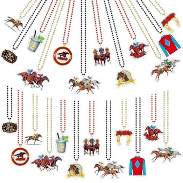 Imagem de Landical 24 peças de colar festivo de contas Derby Colar Derby pingente longo de cavalo para corrida de cavalo, suprimentos de festa, acessórios de fantasia, presentes, approx. 16 inch long, Plástico,