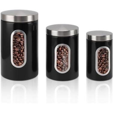 Imagem de Conjunto de 3 Recipientes para Café em Aço Inoxidável, 2950ml/1660ml/965ml, com Janela de Visualização, Porta Mantimentos, Pote de Armazenamento Cafe, Preto