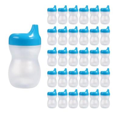 Imagem de Kit 30 Copos Infantil Com Bico Escolar Transição Treinamento Bebê Suco Água 350ml (Transparente C/Tampa Azul)