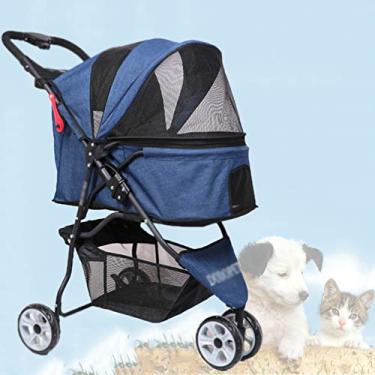 Imagem de U5GAAALPPQ9 Carrinho de passeio dobrável com 3 rodas à prova de vento para cães de estimação, leve, para armazenamento, cesta/porta-copos cinza (azul)