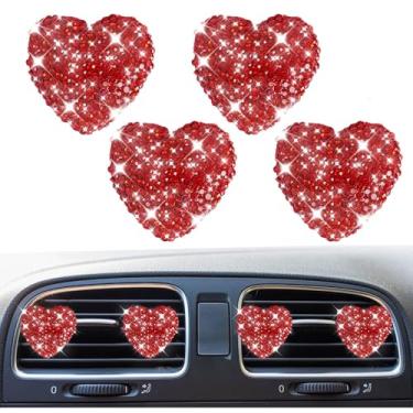 Imagem de 4 peças de clipes de ventilação de carro em forma de coração fofos de cristal brilhante, tomada de ar condicionado automático de strass, pingente difusor de aromatizador, acessório de decoração de
