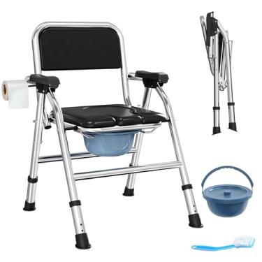 Imagem de Cadeira de cabeceira dobrável 4 em 1 para idosos com braços e costas, assento de vaso sanitário elevado de altura ajustável com alças, cadeira de penico para adultos para idosos, deficientes e