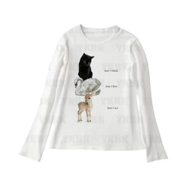 Imagem de Camiseta Feminina Y2K Com Estampa De Gato, Estilo Punk Gótico, Ajuste 