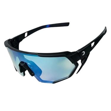 Imagem de Óculos de Sol Esportivo para Ciclismo, Corrida e Beach Tennis com Proteção UV, Lente Azul Espelhada, Armação Preta, Inclui Estojo e Bolsa