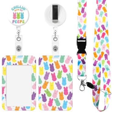 Imagem de A1diee Porta-crachá de identificação de coelho colorido da Páscoa com cordão, lindo clipe retrátil para identidade, suporte de crachá de Páscoa, cordões retráteis para escritório, escola, estudantes