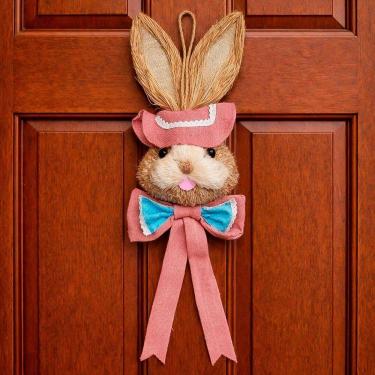 Imagem de Pendente Cabeça Coelho Com Laço Decoração Páscoa Palha 85cm Rosa
