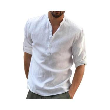 Imagem de Camisa Masculina Casual De Algodão E Linho, Blusa Solta De Manga Longa