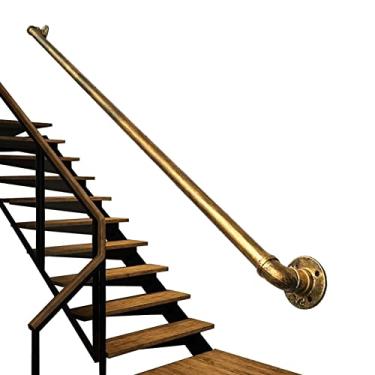 Imagem de Kit de suportes de corrimão vintage de cobre dourado - trilho de mão para corrimão de suporte de parede com suporte de escada direto para escadas - barra de segurança interna/externa - ferro forjado