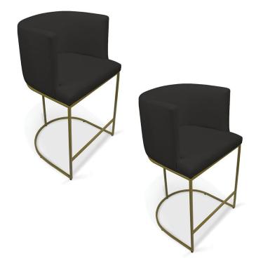 Imagem de Kit 2 Banquetas Paola Linho Preto A79 Base Metálica Dourada - D'rossi