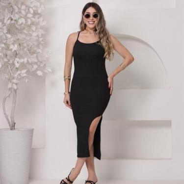 Imagem de Vestido Midi Canelado com Fenda - Único - Sem marca, Preto, Único