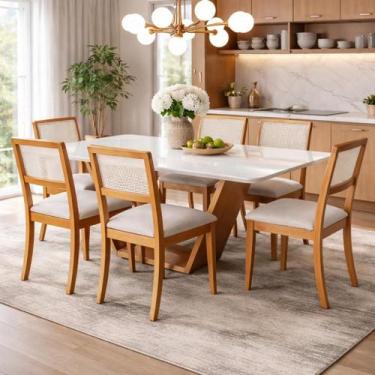 Imagem de Mesa Jantar Com 6 Cadeiras Madeira Maciça Mel 160x90 Off White E Linho