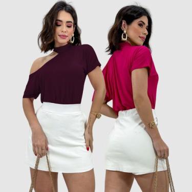Imagem de Kit 2 Blusa Blusinha Choker Manga Curta Ombro Vazado Verão - SWISS BOU