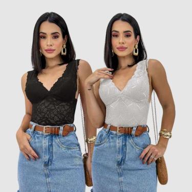Imagem de Kit 2 Cropped Blusa Blusinha Renda Bojo Feminino Atacado - SWISS BOUTI