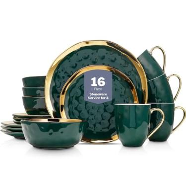 Imagem de Stone Lain Conjunto de louça de porcelana de 16 peças, serviço para 4, aro verde e dourado