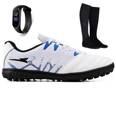 Imagem de Kit Chuteira Futebol Society Bico de Couro Grama Sintetica + Meião + Relogio Adulto-Unissex