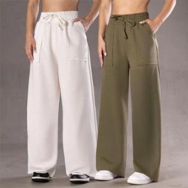 Imagem de Kit 2 Calça Pantalona Moletinho Feminina Com Bolso Elegante Casual Confortável-Feminino