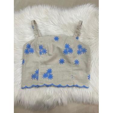 Imagem de Blusa Cropped de Alça em Linho com Bordado - Cousin - Cru com Pink / A