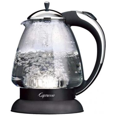 Imagem de Chaleira elétrica de vidro Capresso preta e cromada 1,42L com indicador luminoso e desligamento automático H2O Glass 240.02, 110V