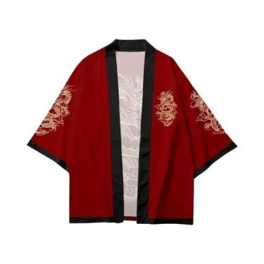 Imagem de Camisa Kimono Dragão Negro Samurai Haori Cosplay Anime Estampada Solta
