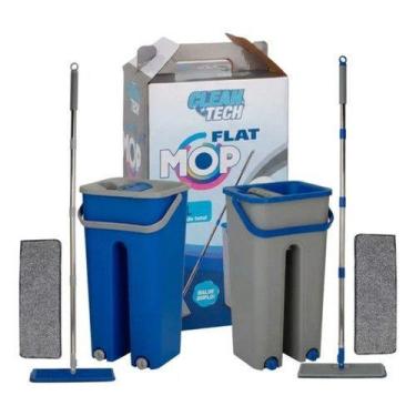Imagem de Rodo Mop Flat Mágico Balde Lava E Seca + 2 Refis Microfibra (Azul e Ci