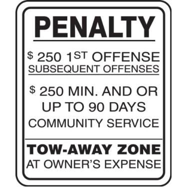 Imagem de Accuform Placa de estacionamento FRA162RA de alumínio refletiva para deficientes (Nova Jersey), Legend "Penality - $250 1st OFFENSE SUBSEQUENT OFFENSES $250 Min. E OU até 90 DIAS SERVIÇO COMUNIDADE - TOW-AWAY ZONE AT LOWNER DISPENSE", 30 cm de comprimento x 25,4 Largura x 0,17 cm de espessura, preto