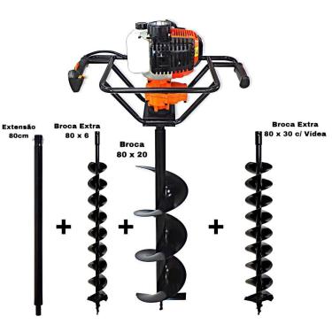Imagem de KIT Perfurador de Solo Vulcan VPS520 2T 52CC 2,5HP com Broca 80x20cm + Kawashima Brocas Extras 30x80cm e 6x80cm com Vídea + Extensão 80cm
