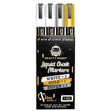 Imagem de Crafty Robot Caneta Marcador de Giz Líquido, Apagável com Ponta Reversível de 6 mm (Branco, Ouro e Prata) para Quadro Negro e Vidro (4 Unidades)