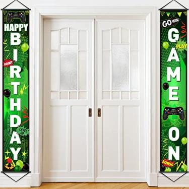 Imagem de Banner Game On Birthday Video Game Decorações de festa de aniversário, controle de jogo, placa de porta de feliz aniversário, faixas de fundo de festa de aniversário para jogadores de mineiro, decoração noturna