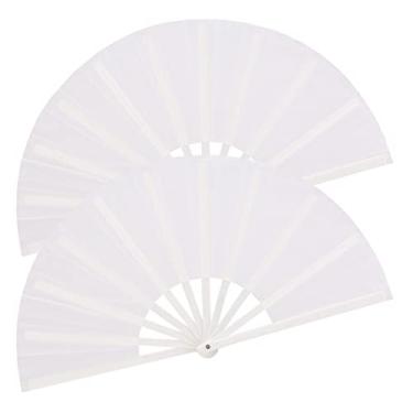 Imagem de HONSHEN Pacote com 2 leques de mão grandes dobráveis, leques brancos chineses de tecido de nylon de Kung Fu Tai Chi para apresentações masculinas e femininas, dança, decorações, festivais, presente