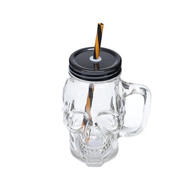Imagem de Caneca De Vidro C/tampa E Canudo Caveira Rock Style 450ml Lyor Transparente, Tampa Preta E Canudo Marrom Único