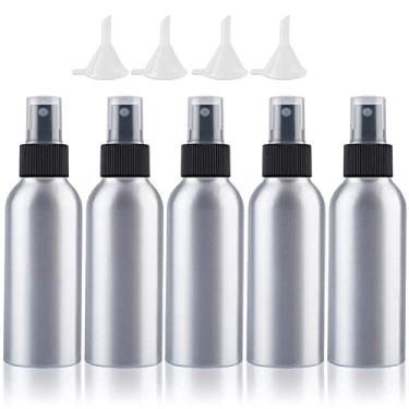 Imagem de Frasco de spray de alumínio tamanho viagem 100 ml/3,4oz pacote com 5 Atomizadores de névoa fina de metal vazio recarregável com tampas para líquidos de armazenamento de perfume cosmético, com 4 peças de pequenos funis