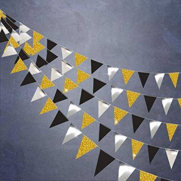 Imagem de Bandeira vintage triangular dourada e preta para decoração de festa/banner de guirlanda pendente para formatura/casamento/30 quilates aniversário/decorações de aniversário/aniversário/prateado/39 pés/104 bandeiras