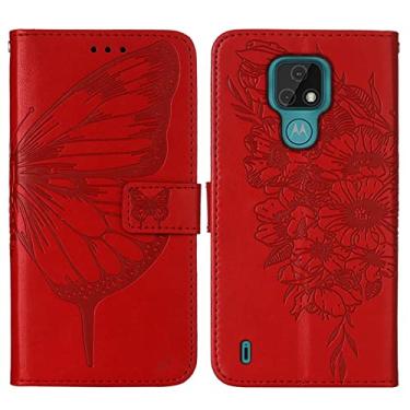 Imagem de Capa flip para Motorola Moto E7, carteira de couro PU em relevo borboleta flor capa de telefone com slots para cartão [recurso de suporte] [alça de pulso] capa protetora flip capa traseira do telefone (cor: vermelho)