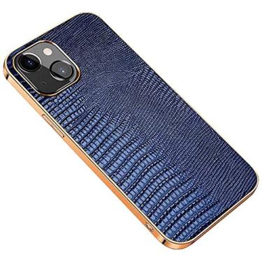 Imagem de IOTUP Capa traseira de telefone com padrão de lagarto, para Apple iPhone 13 Mini (2021) 5,4 polegadas couro moldura dourada capa à prova de choque [proteção de tela e câmera] (cor: azul)
