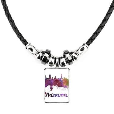 Imagem de DIYthinker Colar de aquarela Manama Cidade do Bahrain Joias Torque Pingente de corda de couro