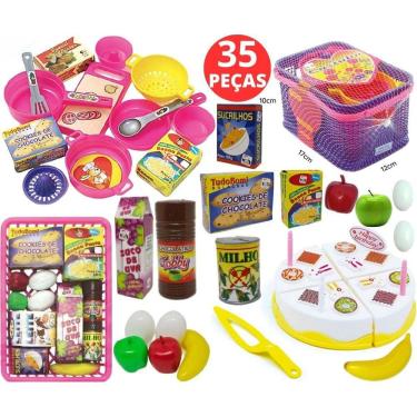 Imagem de Kit Infantil Comida De Brinquedo Bolo De Aniversário Cesta Cozinha E Mini Mercado 35 PEÇAS