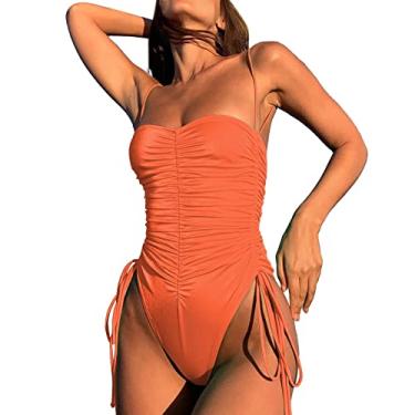 Imagem de Maiô feminino monoquíni, maiô grande, peça única, corte alto, controle de barriga, biquíni de praia atrevido e , Dourado, P