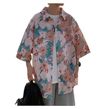 Imagem de Camisa masculina verão estilo havaiano estampa floral manga curta secagem rápida moda casual praia, Cáqui, M