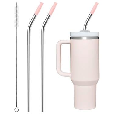 Imagem de Bluwing Canudo de metal repetível com pontas de silicone para copo Stanley de 890 g, 2 canudos de aço inoxidável de 850 g, substituição para copo Stanley, 1 escova de palha, livre de BPA (rosa claro)